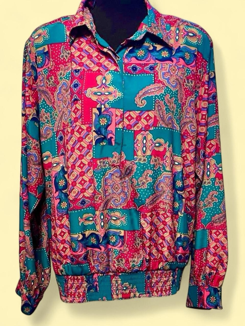 Vintage 80s/90s Alfred Dunner Women's Vibrant Teal & Pink Patchwork Blouse